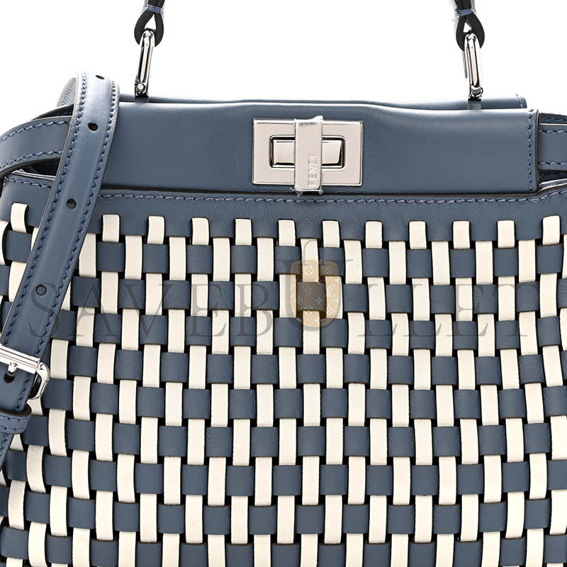 FENDI CALFSKIN WOVEN MINI PEEKABOO ICONIC SATCHEL MIRTO WHITE ICE (24*18.5*10.5cm)